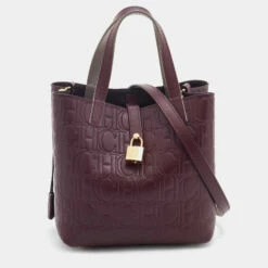 Carolina Herrera Burgundy Monogram Embossed Leather Small Matryoshka Locked Tote Women