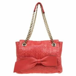 Carolina Herrera Candy Red Monogram Leather Audrey Shoulder Bag Women