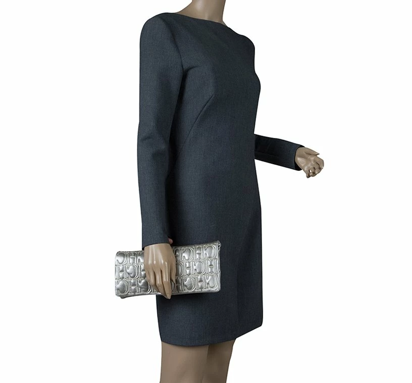 Carolina Herrera Silver Monogram Leather Jerry Clutch Women