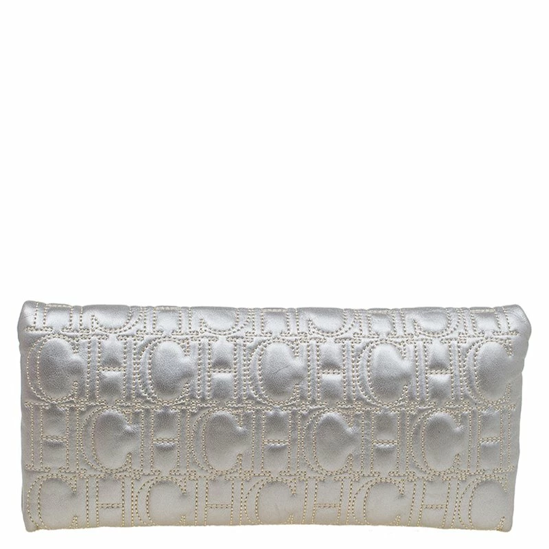 Carolina Herrera Silver Monogram Leather Jerry Clutch Women