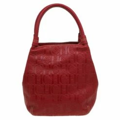 Carolina Herrera Red Monogram Leather Bucket Tote Women