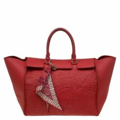 Carolina Herrera Red La Place Vendome Embossed Leather Tote Women