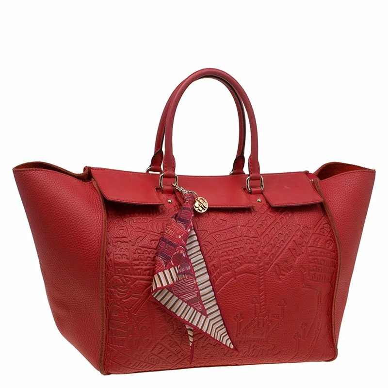 Carolina Herrera Red La Place Vendome Embossed Leather Tote Women