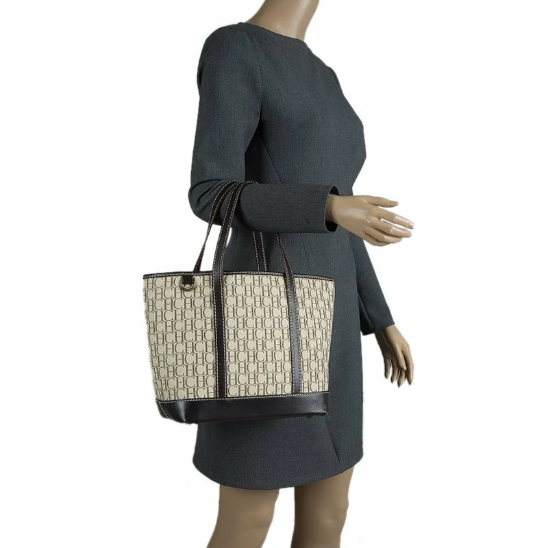 Carolina Herrera Beige/Brown Monogram Canvas Shopper Tote Women
