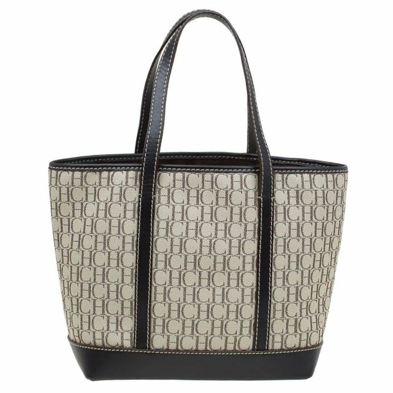 Carolina Herrera Beige/Brown Monogram Canvas Shopper Tote Women