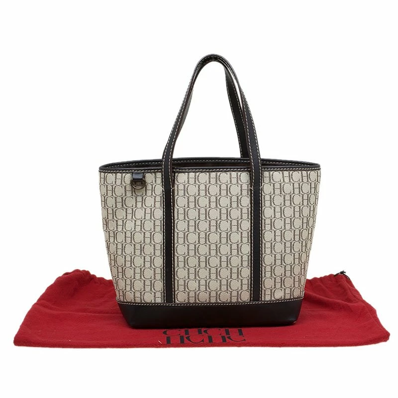 Carolina Herrera Beige/Brown Monogram Canvas Shopper Tote Women