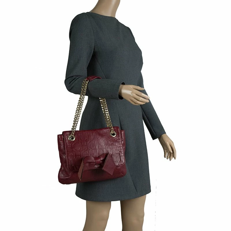 Carolina Herrera Burgundy Monogram Leather Audrey Shoulder Bag Women