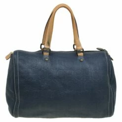 Carolina Herrera Navy Blue Monogram Leather Large Andy Boston Bag Women