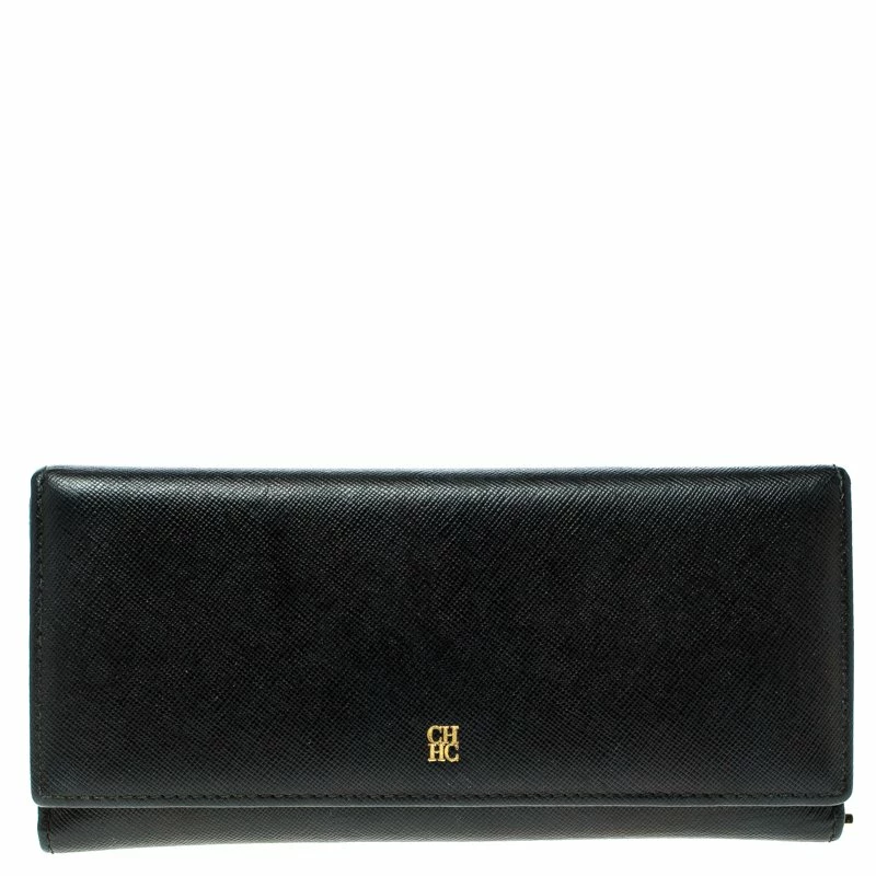 Carolina Herrera Black Textured Leather Continental Wallet Women