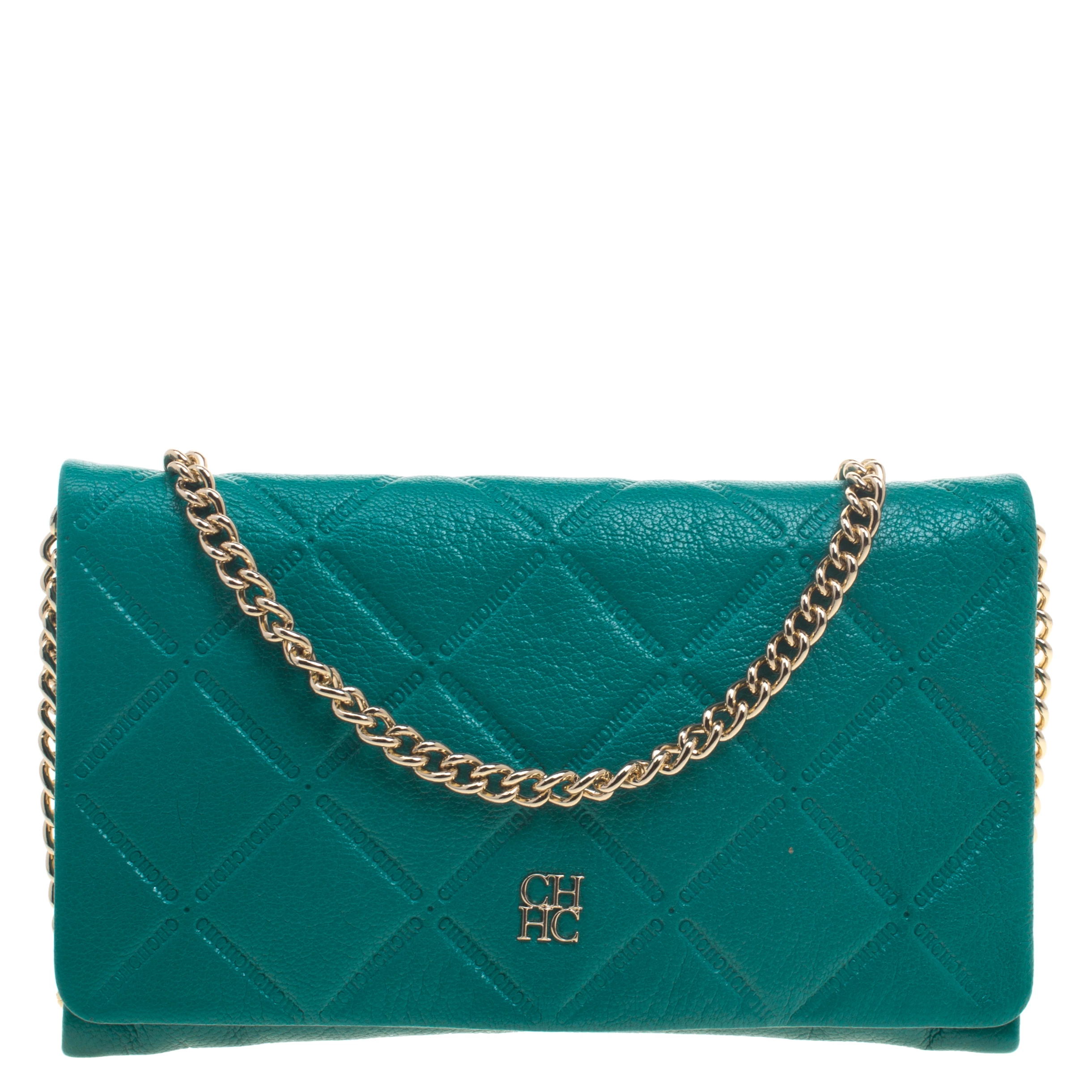 Carolina Herrera Green Quilted Embossed Leather Chain Clutch Women