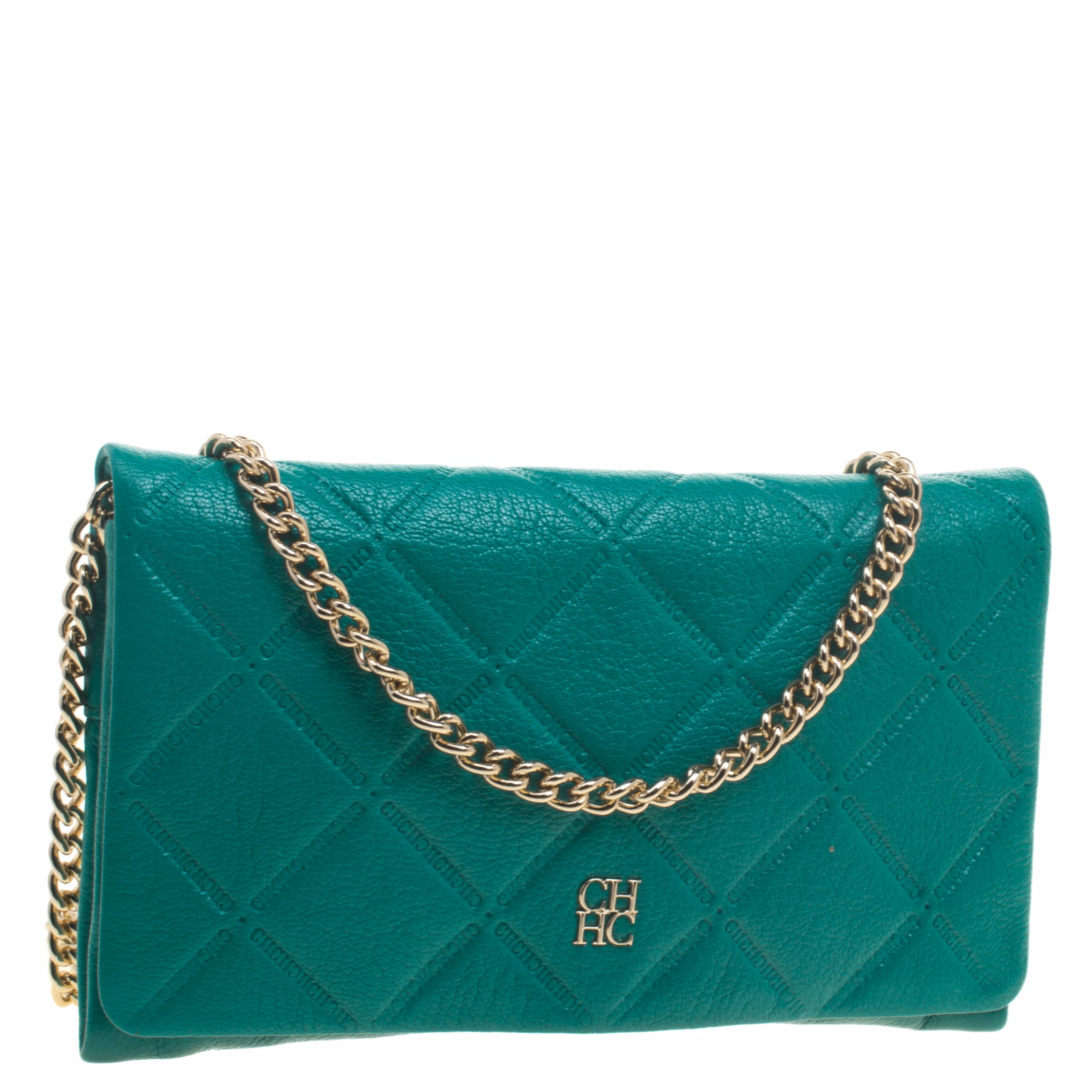 Carolina Herrera Green Quilted Embossed Leather Chain Clutch Women