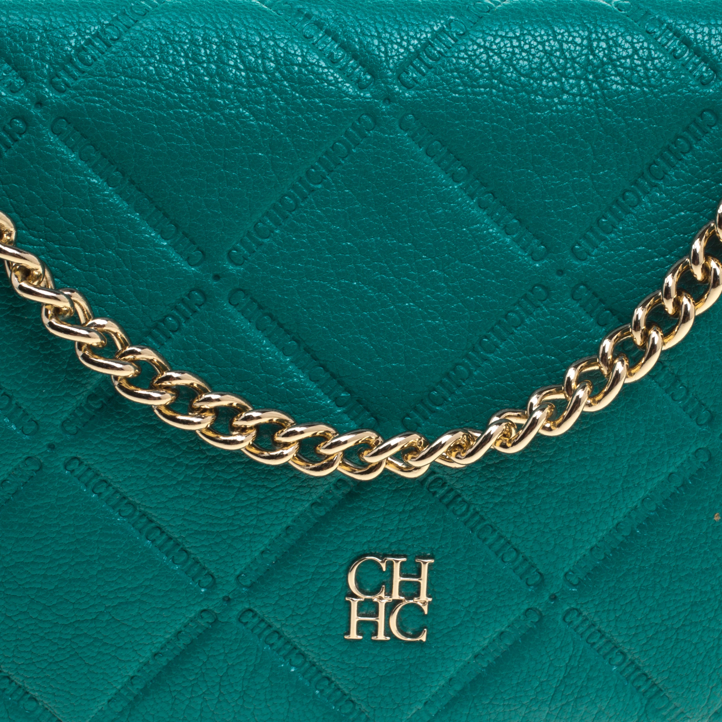 Carolina Herrera Green Quilted Embossed Leather Chain Clutch Women