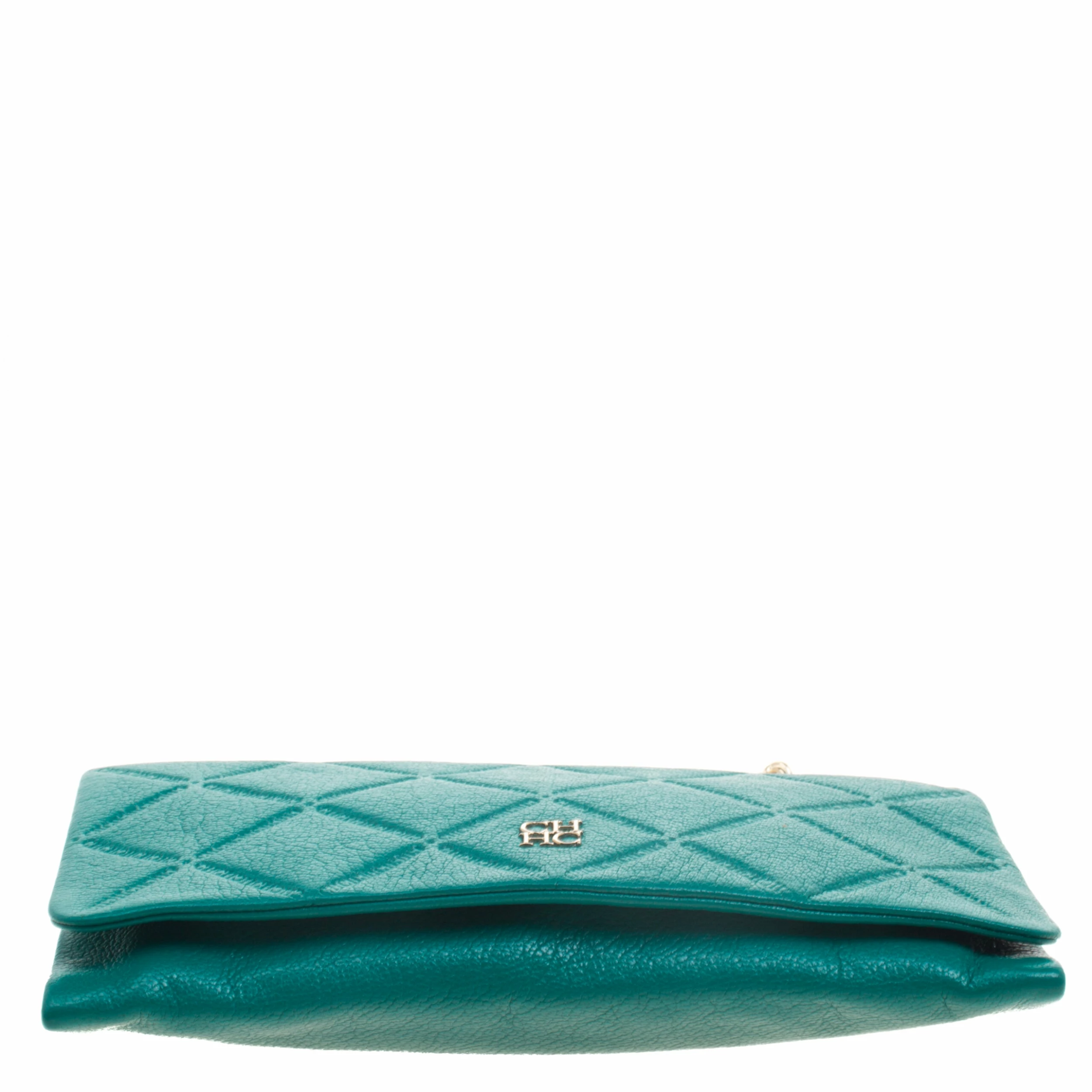 Carolina Herrera Green Quilted Embossed Leather Chain Clutch Women
