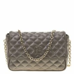 Carolina Herrera Metallic Grey Quilted Leather Shoulder Bag Women