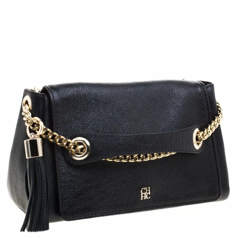 Carolina Herrera Black Leather Flap Shoulder Bag Women