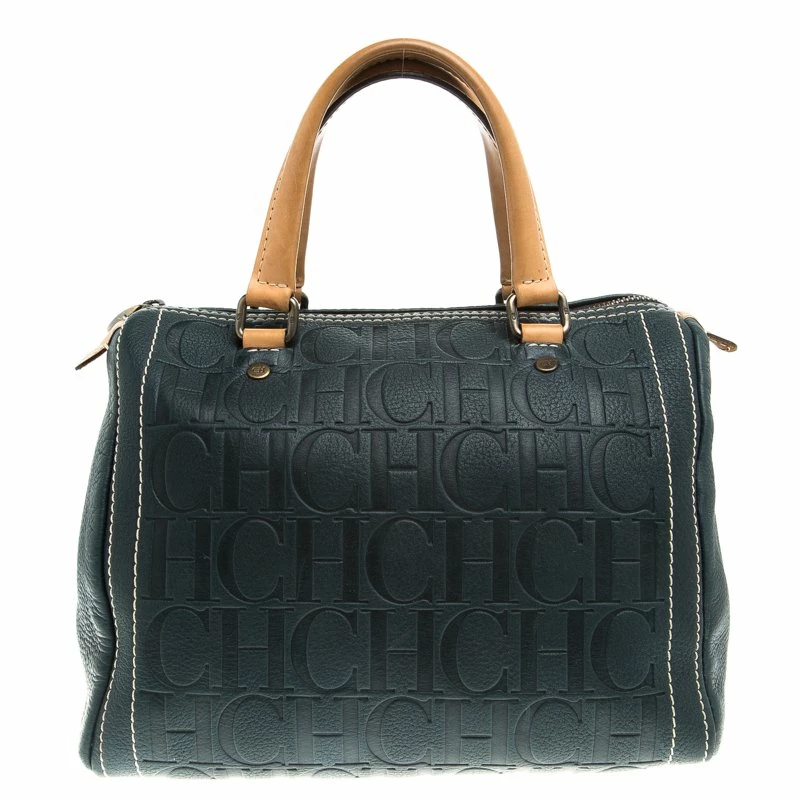 Carolina Herrera Navy Blue Monogram Leather Andy Boston Bag Women