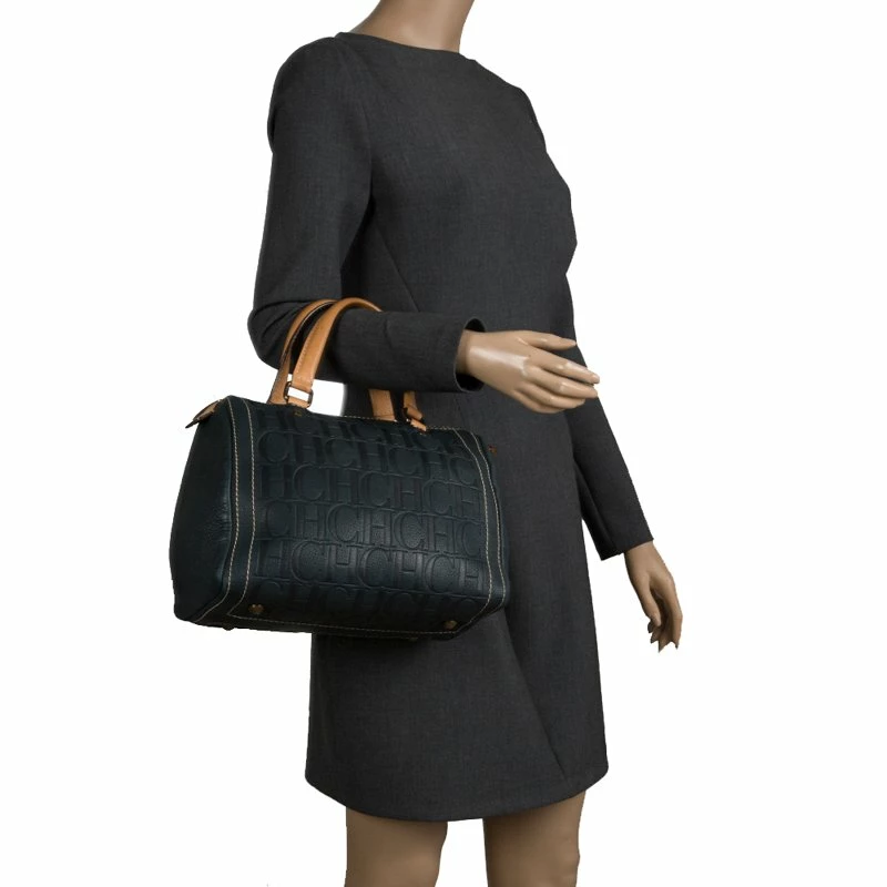 Carolina Herrera Navy Blue Monogram Leather Andy Boston Bag Women