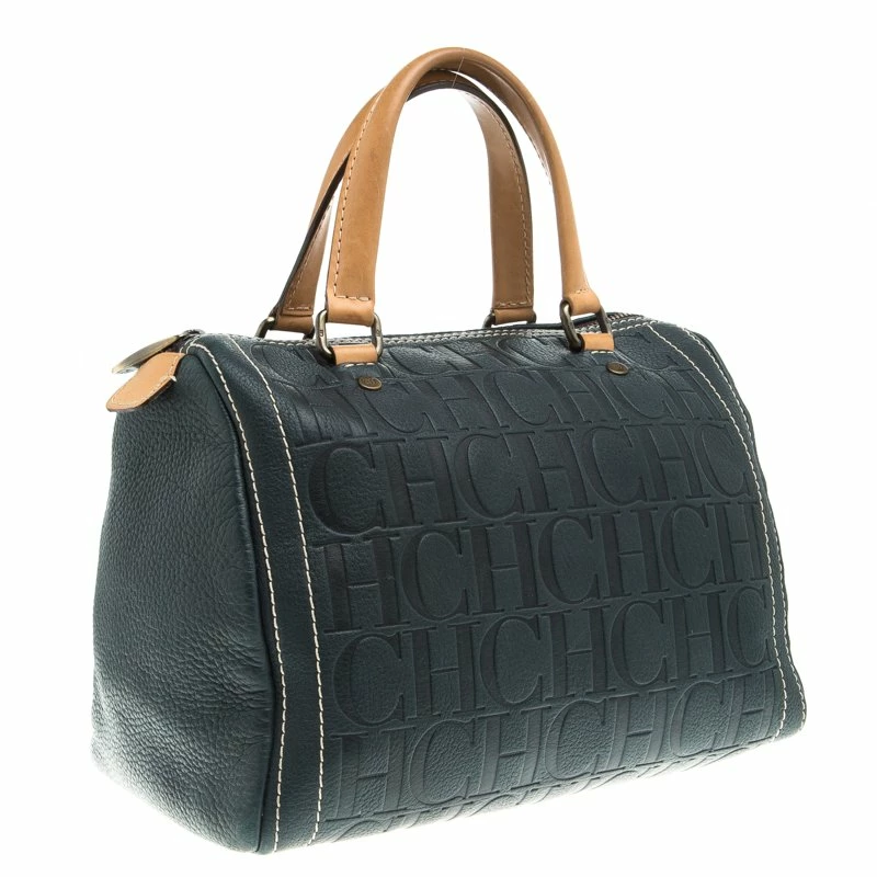 Carolina Herrera Navy Blue Monogram Leather Andy Boston Bag Women