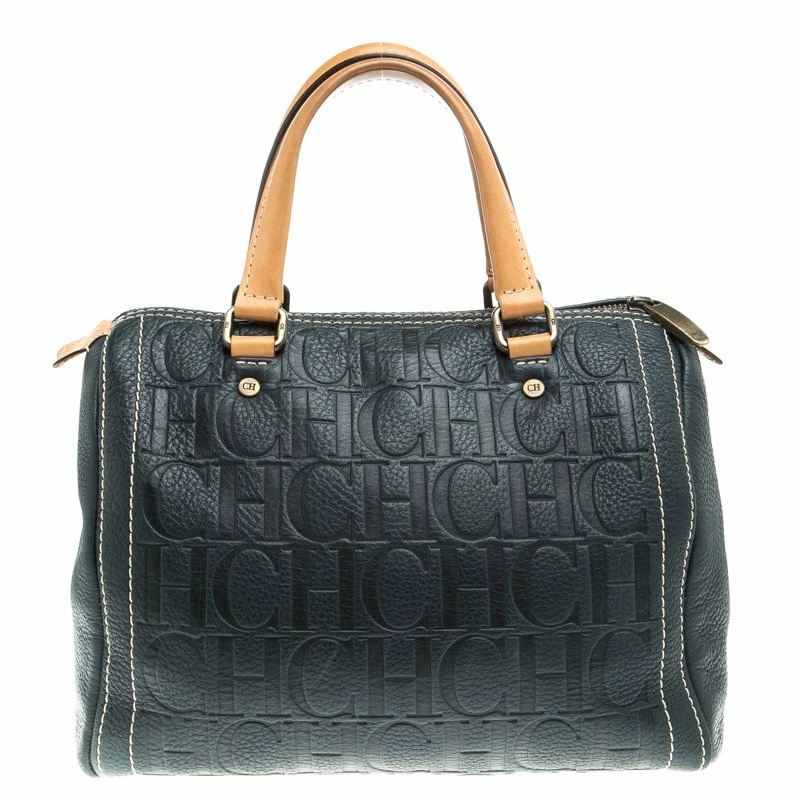 Carolina Herrera Navy Blue Monogram Leather Andy Boston Bag Women