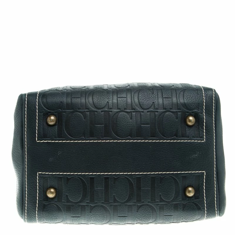 Carolina Herrera Navy Blue Monogram Leather Andy Boston Bag Women