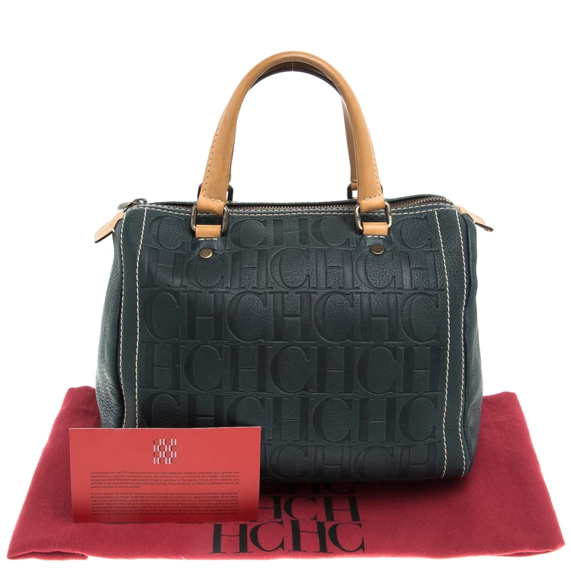 Carolina Herrera Navy Blue Monogram Leather Andy Boston Bag Women