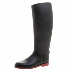 Carolina Herrera Black CH Embossed Rubber Rain Boots Size 37 Women