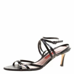Carolina Herrera Black Pebbled Leather Strappy Slingback Sandals Size 39 Women