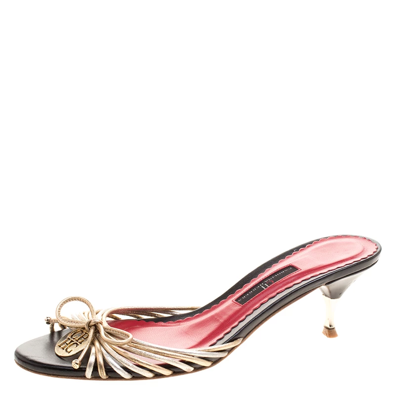 Carolina Herrera Metallic Gold and Silver Cord Leather Bow Slides Size 39 Women