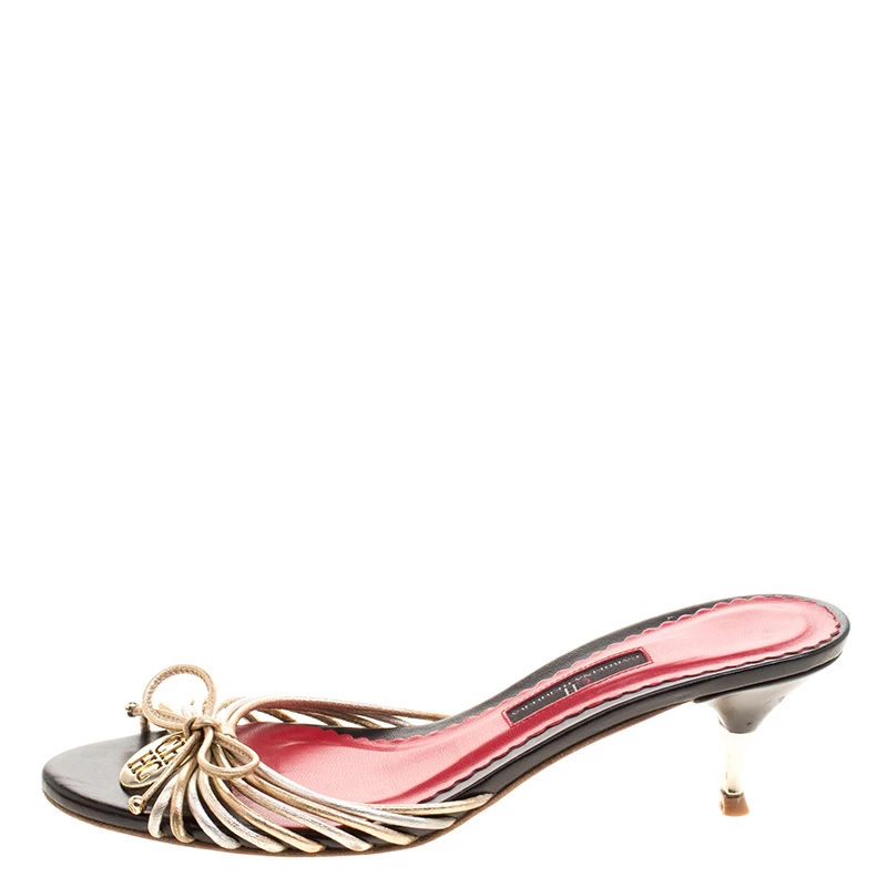 Carolina Herrera Metallic Gold and Silver Cord Leather Bow Slides Size 39 Women