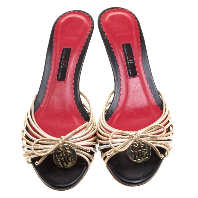 Carolina Herrera Metallic Gold and Silver Cord Leather Bow Slides Size 39 Women