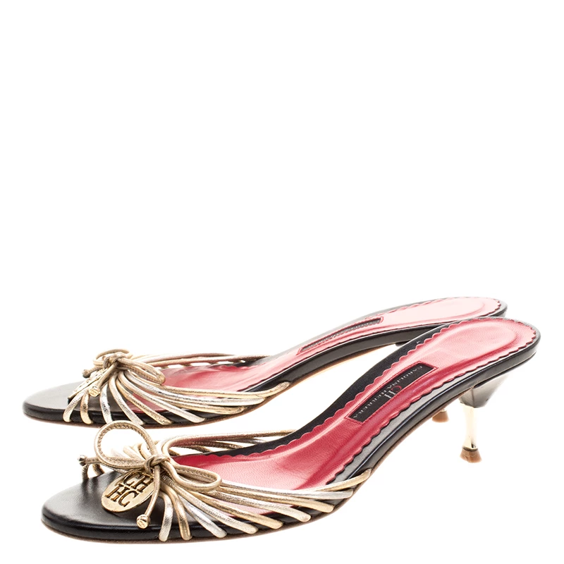 Carolina Herrera Metallic Gold and Silver Cord Leather Bow Slides Size 39 Women