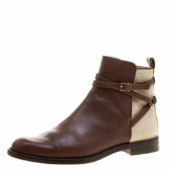 Carolina Herrera Brown/Beige Leather And Canvas Boots Size 38 Women