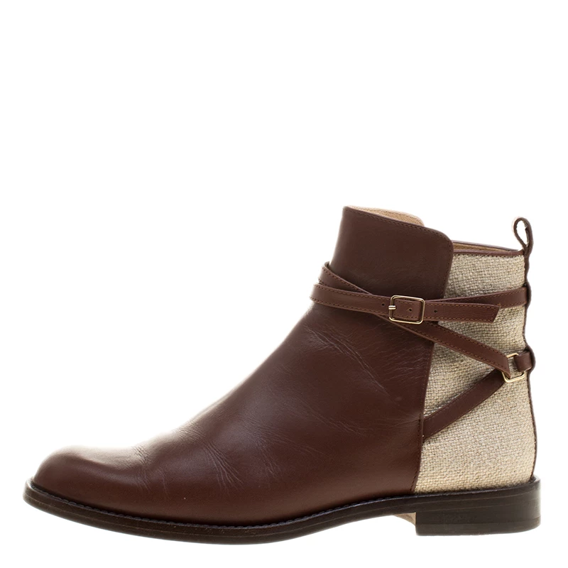 Carolina Herrera Brown/Beige Leather and Canvas Boots Size 38 Women