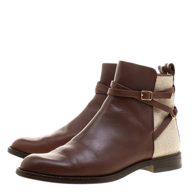 Carolina Herrera Brown/Beige Leather and Canvas Boots Size 38 Women