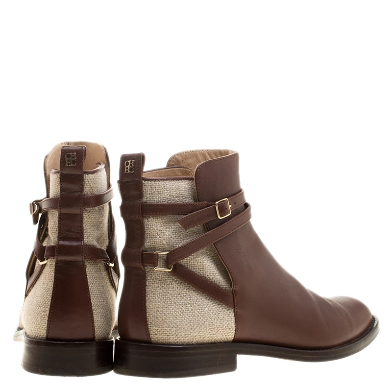 Carolina Herrera Brown/Beige Leather and Canvas Boots Size 38 Women