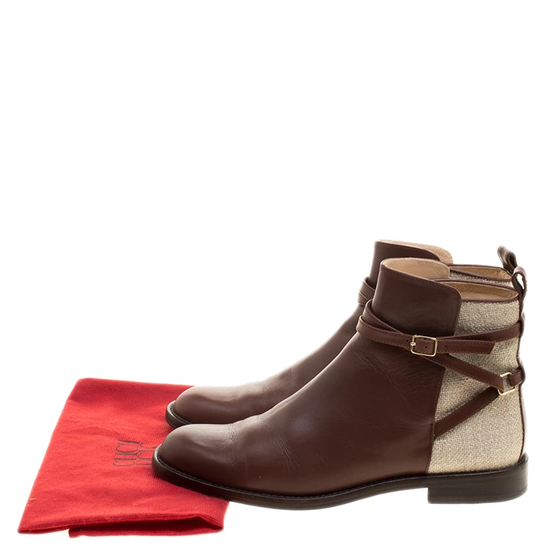 Carolina Herrera Brown/Beige Leather and Canvas Boots Size 38 Women