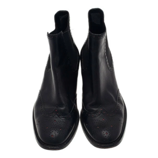 Carolina Herrera Black Leather Brogue Ankle Boots Size 37 Women