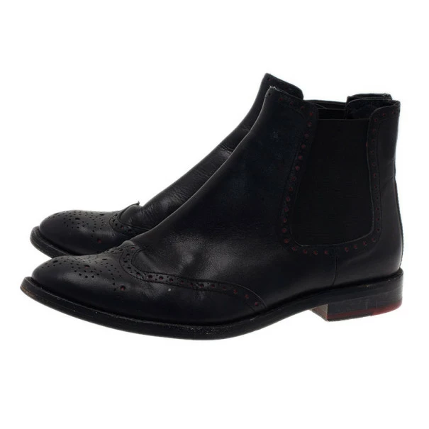 Carolina Herrera Black Leather Brogue Ankle Boots Size 37 Women