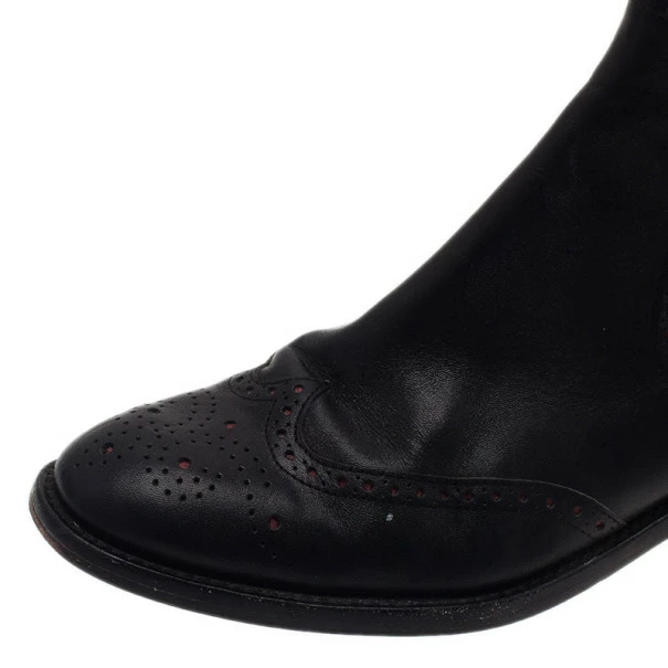 Carolina Herrera Black Leather Brogue Ankle Boots Size 37 Women