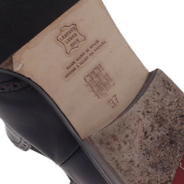 Carolina Herrera Black Leather Brogue Ankle Boots Size 37 Women