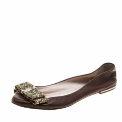 Carolina Herrera Brown Leather Bow Ballet Flats Size 37 Women