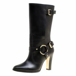 Carolina Herrera Black Leather Calf Length Boots Size 39 Women