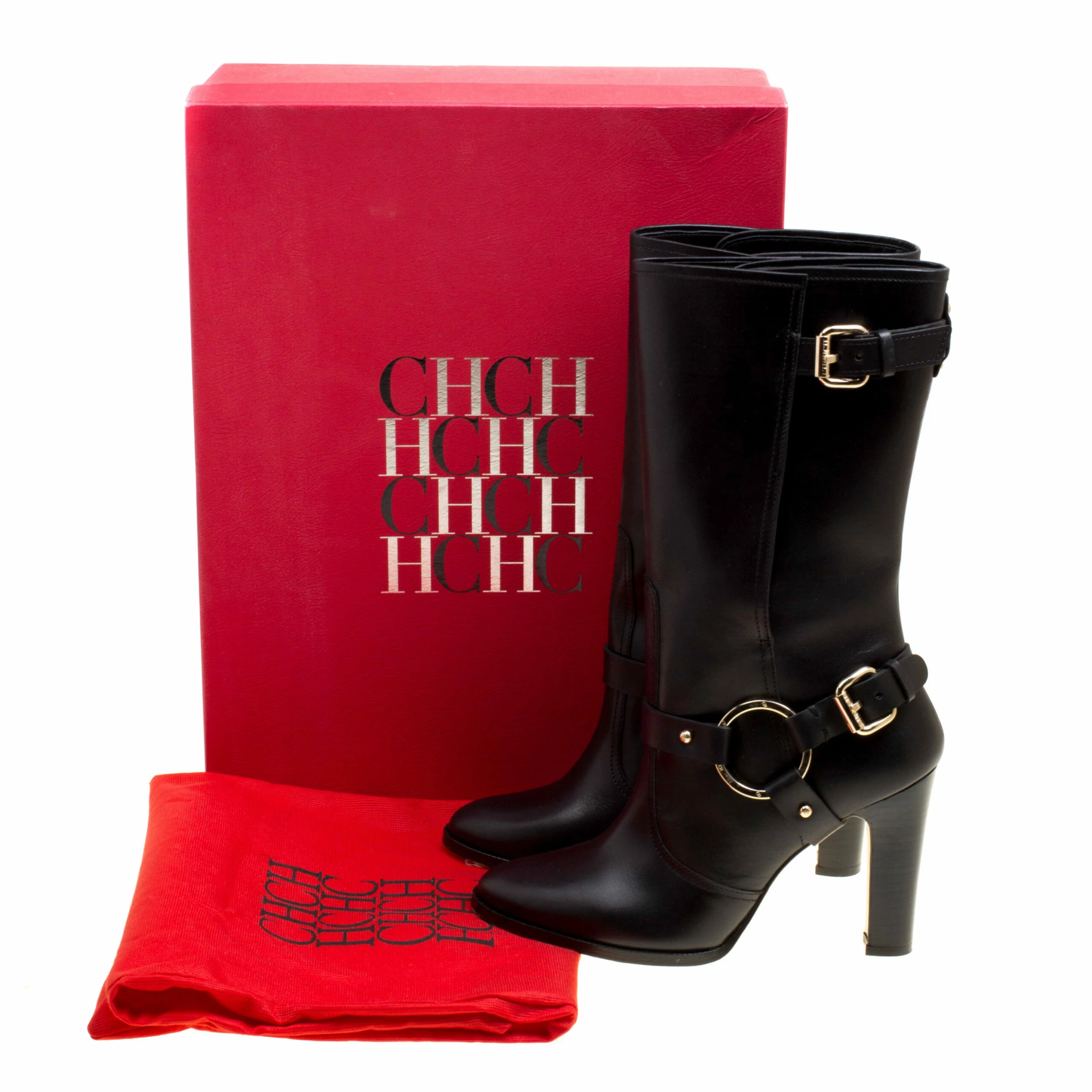 Carolina Herrera Black Leather Calf Length Boots Size 39 Women