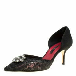 Carolina Herrera Black Lace Crystal Embellished D'orsay Pumps Size 37 Women