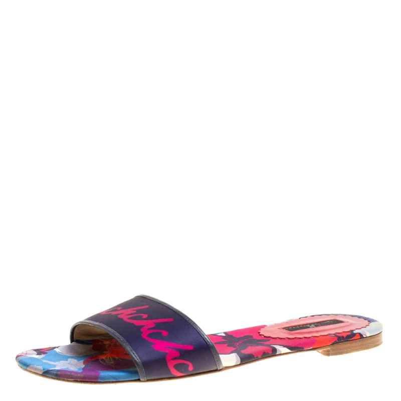 Carolina Herrera Multicolor Floral Printed Satin Flat Slides Size 39 Women