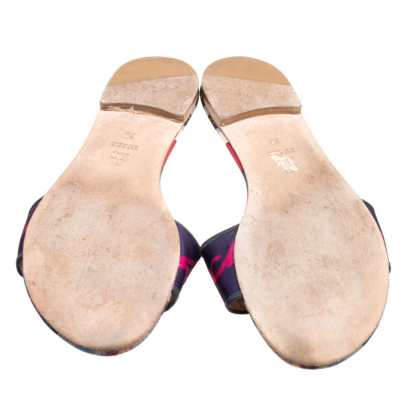 Carolina Herrera Multicolor Floral Printed Satin Flat Slides Size 39 Women