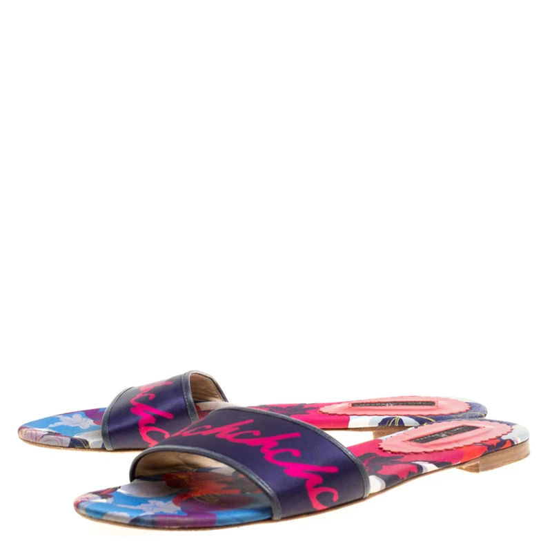 Carolina Herrera Multicolor Floral Printed Satin Flat Slides Size 39 Women