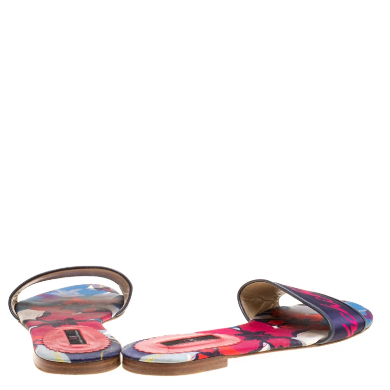 Carolina Herrera Multicolor Floral Printed Satin Flat Slides Size 39 Women