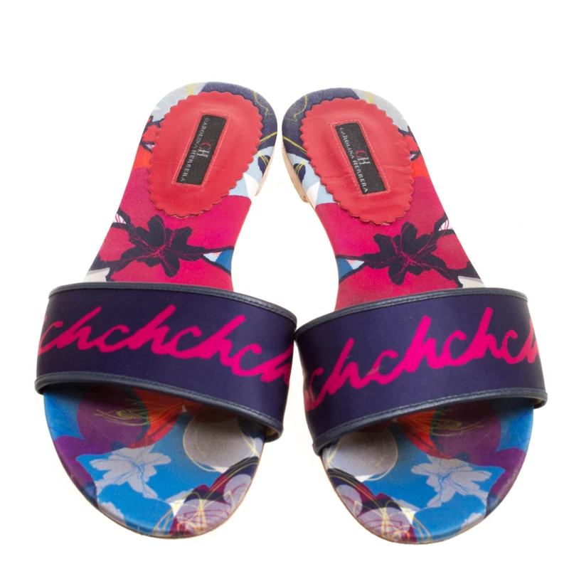 Carolina Herrera Multicolor Floral Printed Satin Flat Slides Size 39 Women