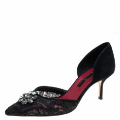 Carolina Herrera Black Lace Crystal Embellished D'orsay Pumps Size 38 Women
